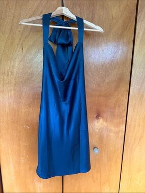 Satin Navy Halter Tie-Back Mini Dress